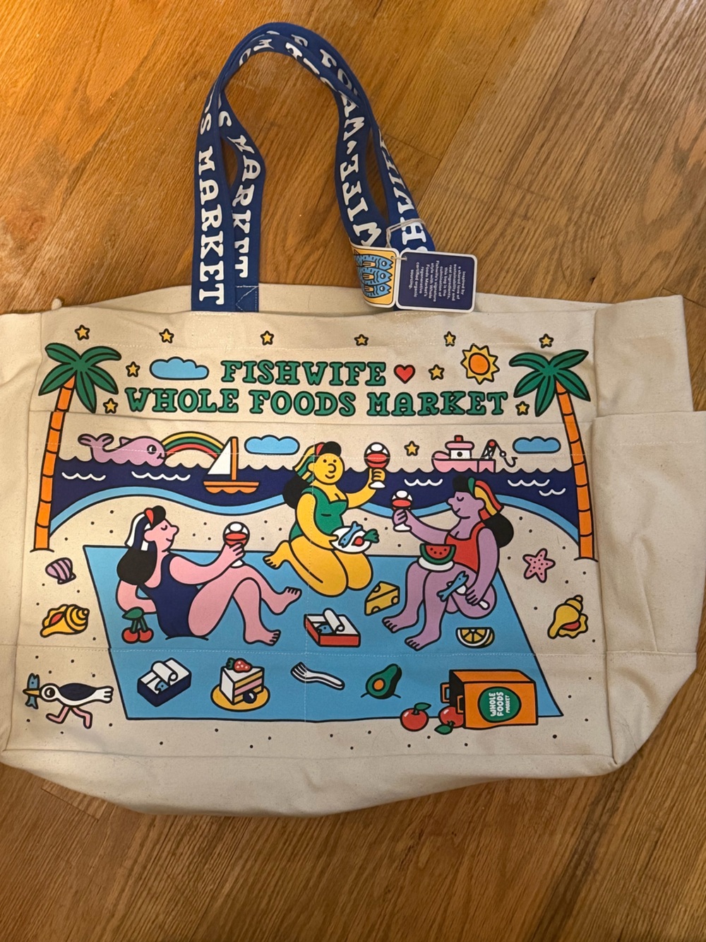 Large Whole Foods fishwife canvas tote bag